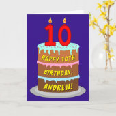 10誕生日:おもしろいケーキとキャンドル+名前をカスタムする カード (黄色い花)