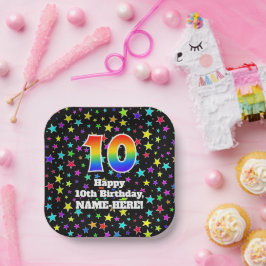 10誕生日:おもしろいスター柄と虹「10」 ペーパープレート