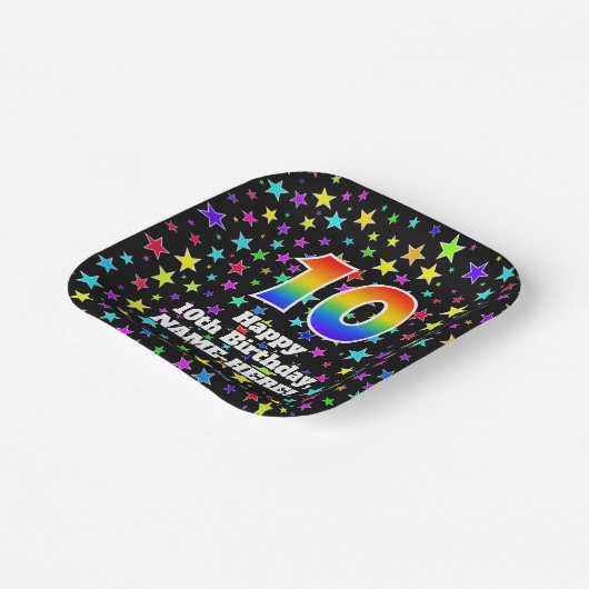 10誕生日:おもしろいスター柄と虹「10」 ペーパープレート (傾斜あり)