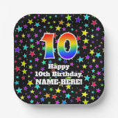 10誕生日:おもしろいスター柄と虹「10」 ペーパープレート (正面)