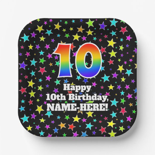 10誕生日:おもしろいスター柄と虹「10」 ペーパープレート (正面)