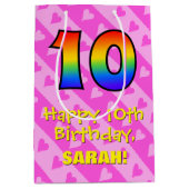 10誕生日:おもしろいピンクハートストライプ、レインボー10 ミディアムペーパーバッグ (正面)