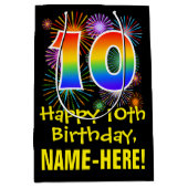 10誕生日:おもしろい花火パターン+虹10 ミディアムペーパーバッグ (正面)