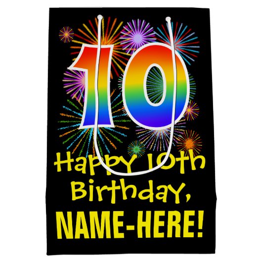 10誕生日:おもしろい花火パターン+虹10 ミディアムペーパーバッグ (裏面)