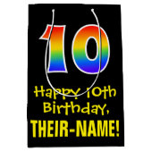10誕生日:おもしろい、はっきりした、カラフルレインボー「10」 ミディアムペーパーバッグ (正面)