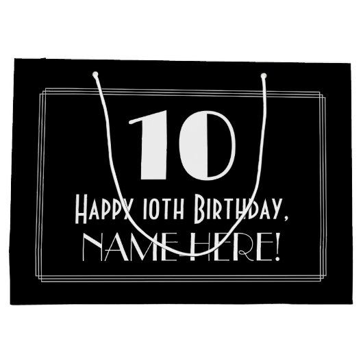 10誕生日:アールデコインスパイアスタイル「10」、名前 ラージペーパーバッグ (裏面)
