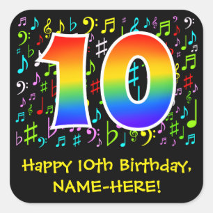 10誕生日:カラフル音楽シンボル、レインボー10 スクエアシール