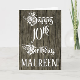 10誕生日:,ファンシーエレガント文字フェイク; Wood Look カード