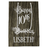 10誕生日: ファンシー, フェイク Wood Look +名前をカスタムする ミディアムペーパーバッグ (裏面)