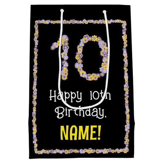 10誕生日:フローラ花数名前をカスタムする ミディアムペーパーバッグ (裏面)