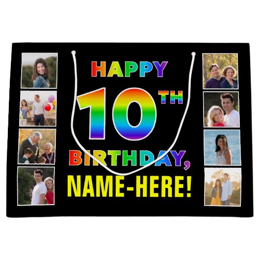 10誕生日：レインボー文字、カスタム写真&名前 ラージペーパーバッグ (正面)
