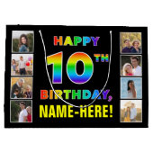 10誕生日:レインボー文字、カスタム写真&名前 ラージペーパーバッグ (裏面)