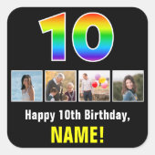 10誕生日：レインボー「10」、写真カスタムと名前 スクエアシール (正面)