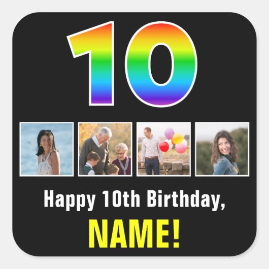 10誕生日：レインボー「10」、写真カスタムと名前 スクエアシール (正面)
