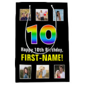 10誕生日:レインボー「10」、写真カスタムと名前 ミディアムペーパーバッグ (正面)