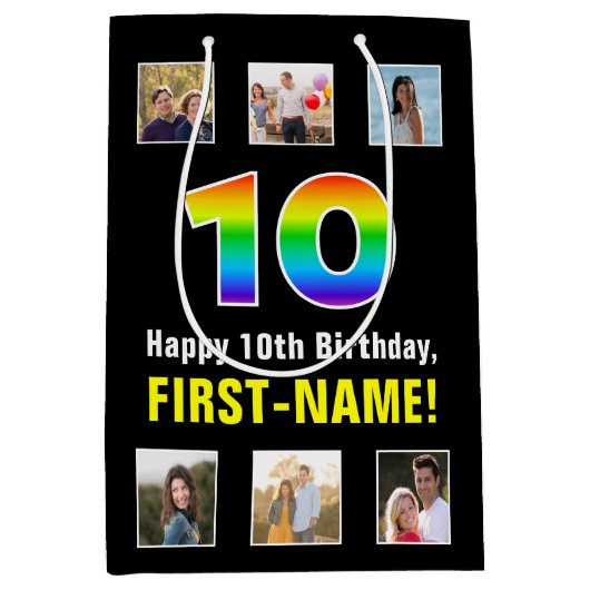 10誕生日：レインボー「10」、写真カスタムと名前 ミディアムペーパーバッグ (正面)