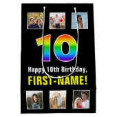 10誕生日:レインボー「10」、写真カスタムと名前 ミディアムペーパーバッグ (裏面)