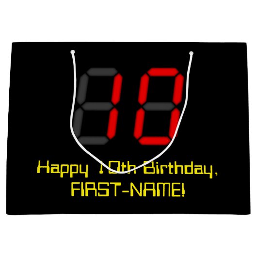 10誕生日:レッドデジタルクロックスタイル"10" +名前 ラージペーパーバッグ (正面)