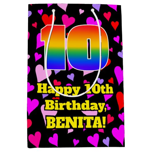 10誕生日：愛するハートパターン、虹# 10 ミディアムペーパーバッグ (正面)