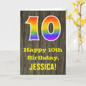 10誕生日:素朴ウッドルックフェイク、レインボー"10" カード (黄色い花)