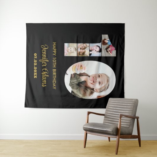 10誕生日Number 10フォトコラージブラックモダン タペストリー (インサイチュ(横))