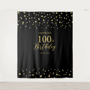 10金ゴールド&ブラック100thバースデーパーティーの背景 タペストリー