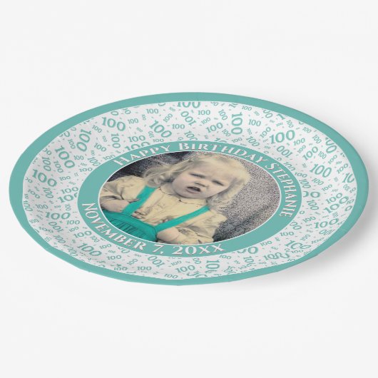 100あなたの写真の乱数パターンティール（緑がかった色）/白 ペーパープレート (アングル)