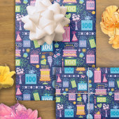 100お誕生日ケーキプレゼントバルーン青 ラッピングペーパーシート