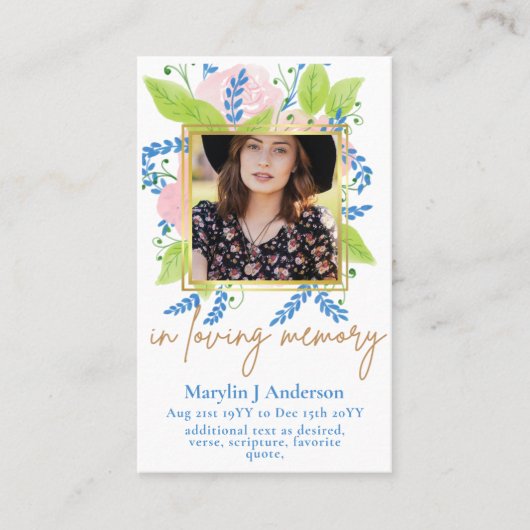 100かわいらしフローラ祈りの言葉葬儀記念写真 名刺 (正面)