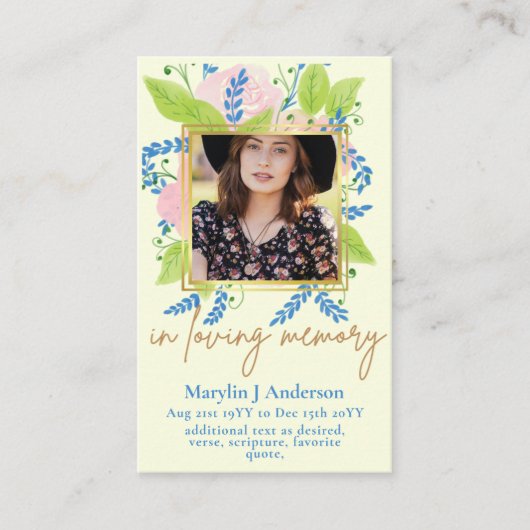 100かわいらしフローラ祈りの言葉葬儀記念写真 名刺 (正面)