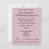 100つの美しい年! -誕生会かピンクのバラ 招待状 (裏面)