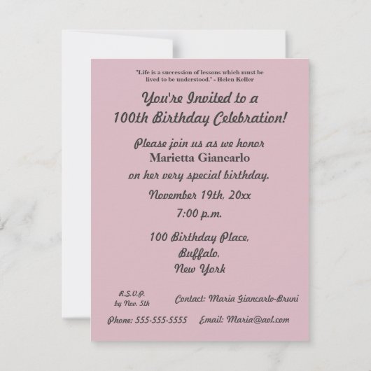 100つの美しい年! -誕生会かピンクのバラ 招待状 (裏面)