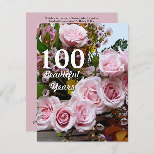 100つの美しい年! -誕生会かピンクのバラ 招待状 (正面/裏面)