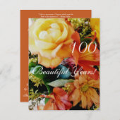 100つの美しい年! -誕生日か黄色バラの花束 招待状 (正面/裏面)