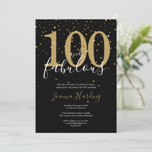 100と素晴らしいエレガント金ゴールドとブラック誕生日 招待状 (スタンド正面)