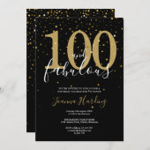 100と素晴らしいエレガント金ゴールドとブラック誕生日 招待状 (正面/裏面)