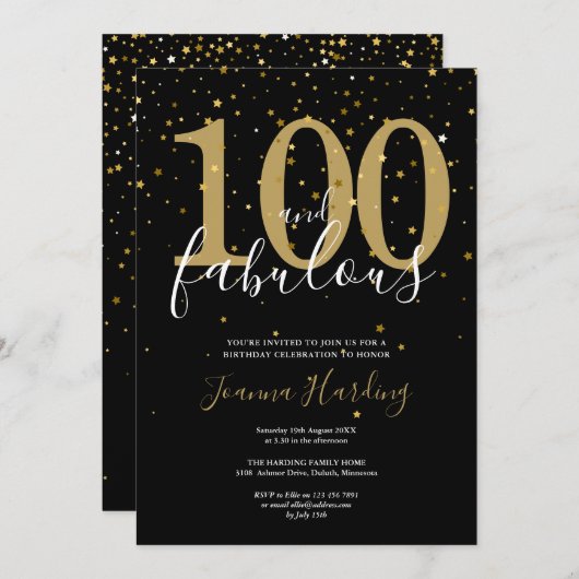 100と素晴らしいエレガント金ゴールドとブラック誕生日 招待状 (正面/裏面)
