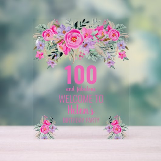 100と素晴らしいピンクのエレガントな誕生日パーティー アクリルサイン (ニュートラル)