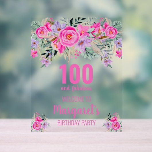 100と素晴らしいピンクのフローラ歓迎 アクリルサイン (ニュートラル)