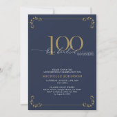 100と素晴らしいブルー&金ゴールド書道誕生日 招待状 (正面)