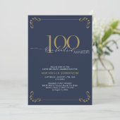 100と素晴らしいブルー&金ゴールド書道誕生日 招待状 (スタンド正面)