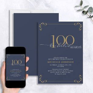 100と素晴らしいブルー&金ゴールド書道誕生日 招待状