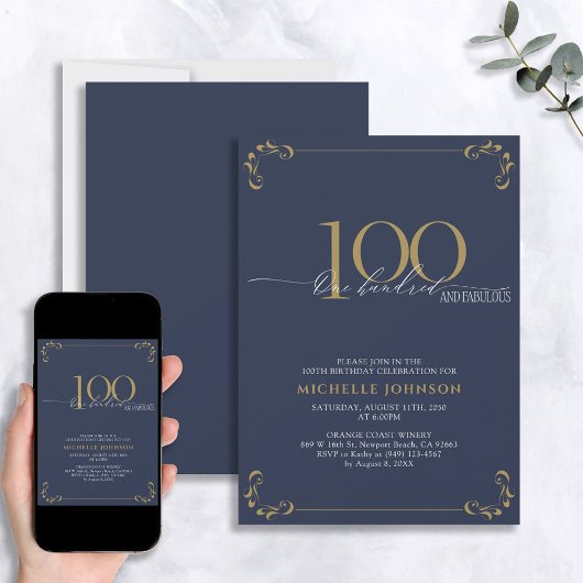 100と素晴らしいブルー&金ゴールド書道誕生日 招待状