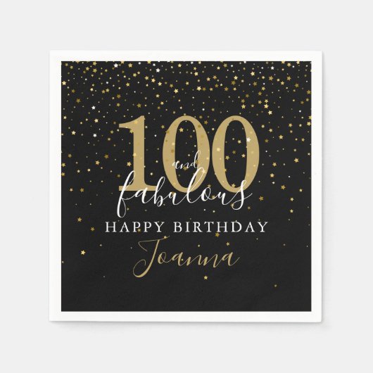 100と素晴らしい金ゴールドブラック誕生日パーティー スタンダードカクテルナプキン (正面)