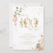 100を良いピンクの金ゴールド植物誕生日 招待状 (正面)