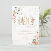 100を良いピンクの金ゴールド植物誕生日 招待状 (スタンド正面)