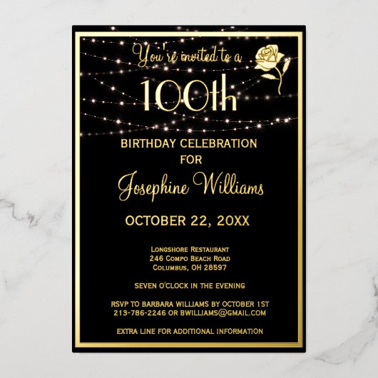 100エレガント誕生日ブラック実在金ゴールド 箔招待状 (正面)