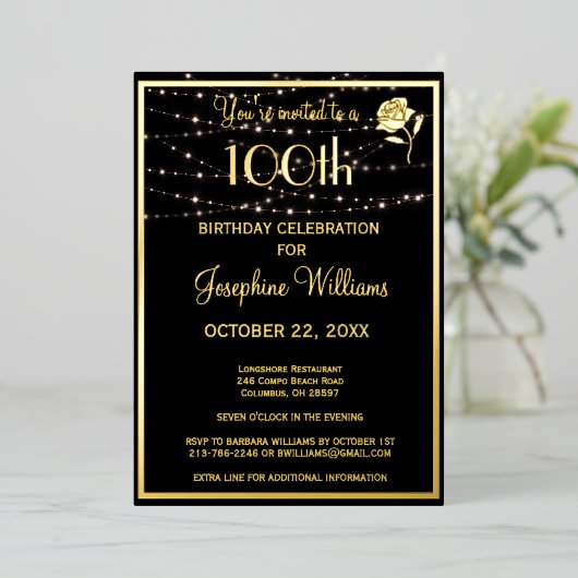 100エレガント誕生日ブラック実在金ゴールド 箔招待状 (立ち正面)
