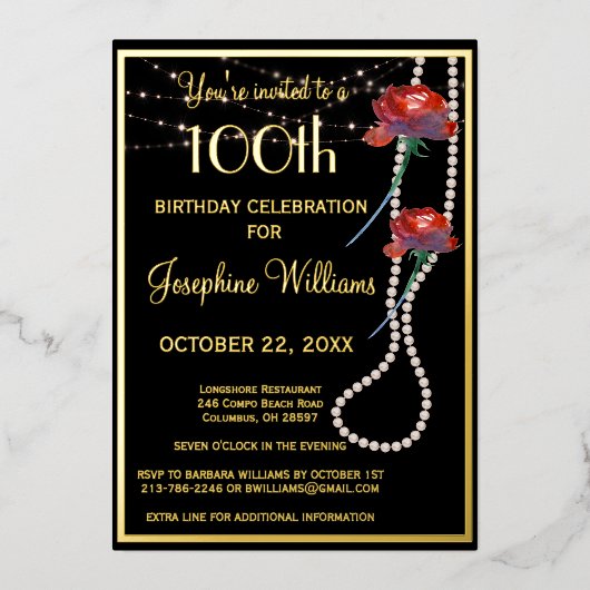 100エレガント誕生日ブラック実在金ゴールド 箔招待状 (正面)