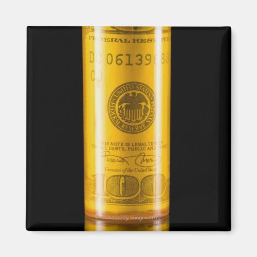 100ドルの請求書を持つ処方箋ボトル マグネット (正面)